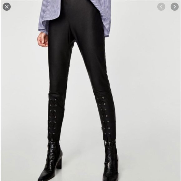 Faux Leather Trousers with Lace Up Detail - Picture 3 of 3